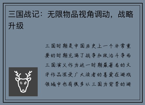 三国战记：无限物品视角调动，战略升级